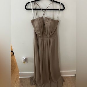 Tan bridesmaid or formal dress, chiffon material.